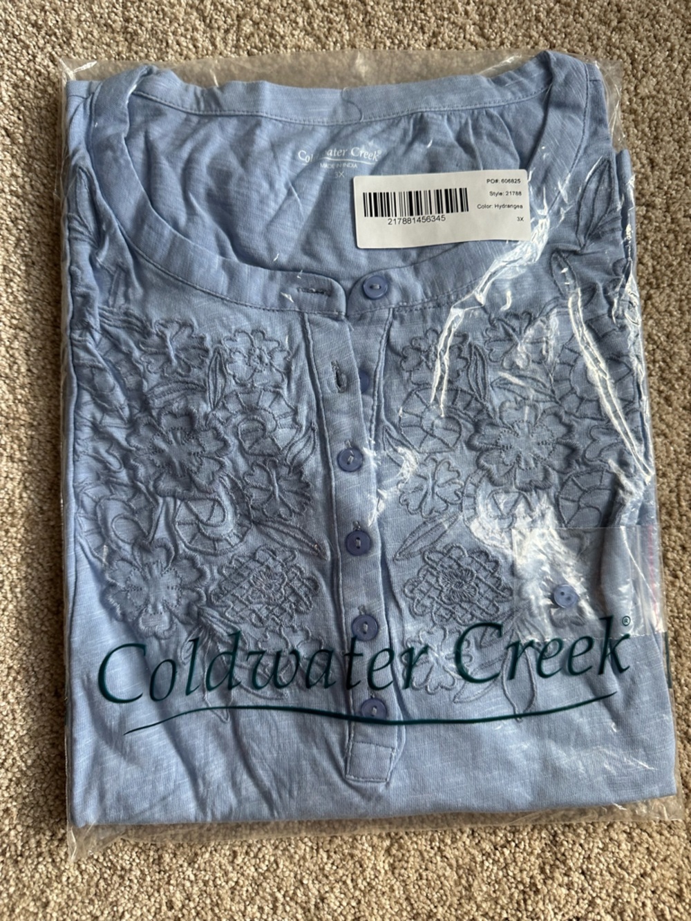 Coldwater Creek Light Blue Embroidered Henley Tee